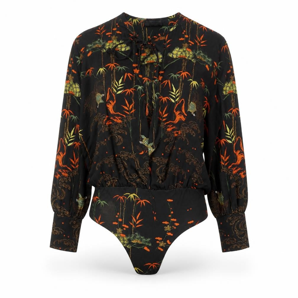 Front view of Zara Women's Black Floral Long Sleeve Bodysuit, size S