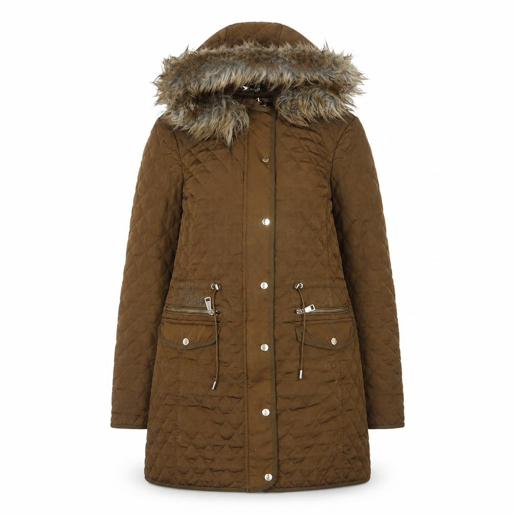 Front view of Zara Women's Brown Quilted Hooded Coat, size 10