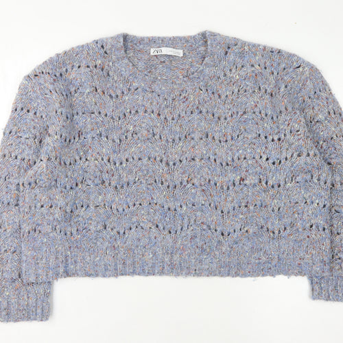 Zara Women's Blue Open-Knit Pullover Jumper M