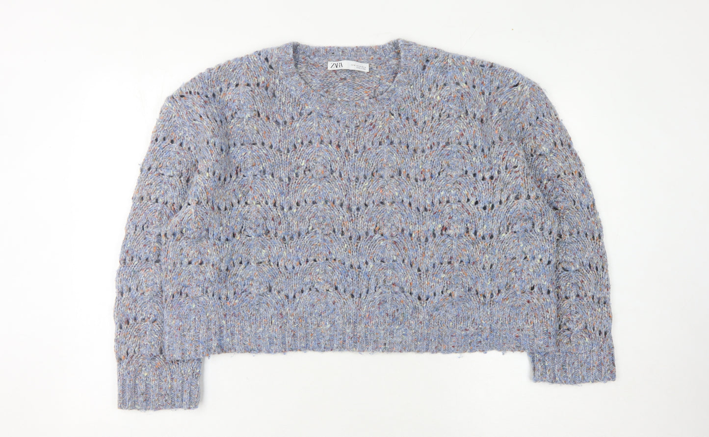 Zara Women's Blue Open-Knit Pullover Jumper M