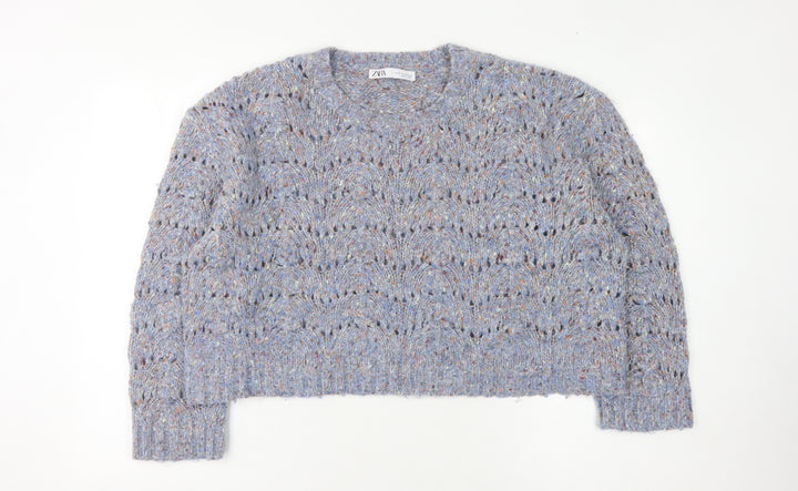 Zara Women's Blue Open-Knit Pullover Jumper M