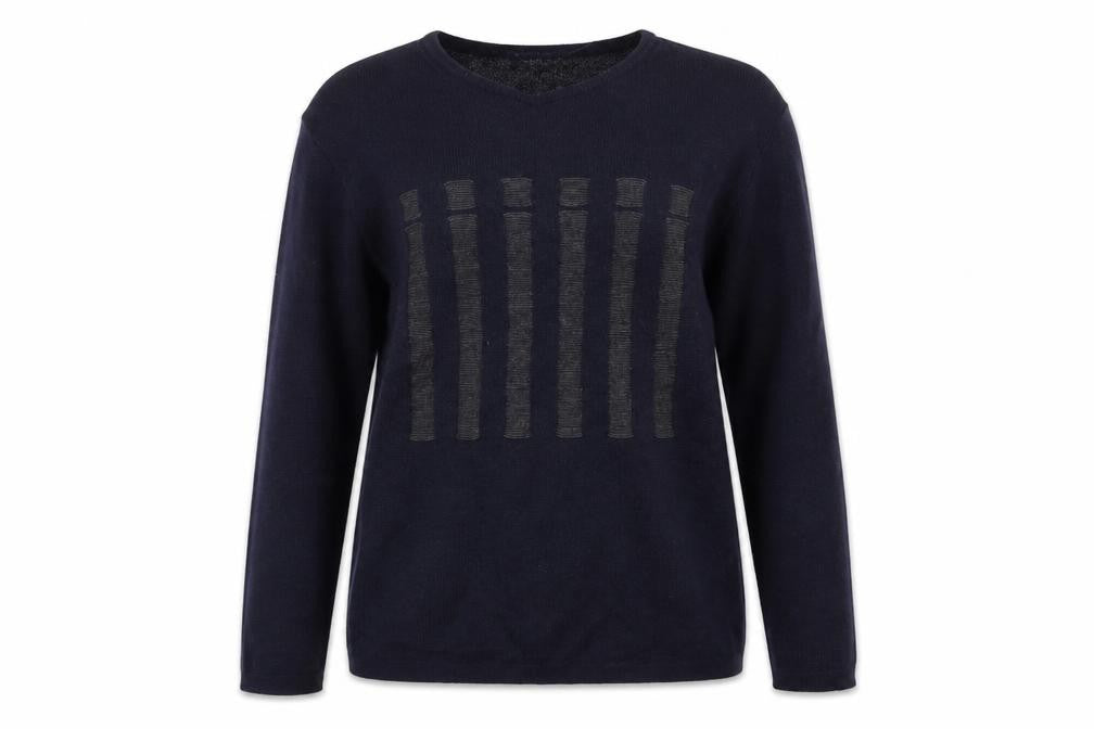Front view of Nigel Hall unisex blue v-neck wool jumper m