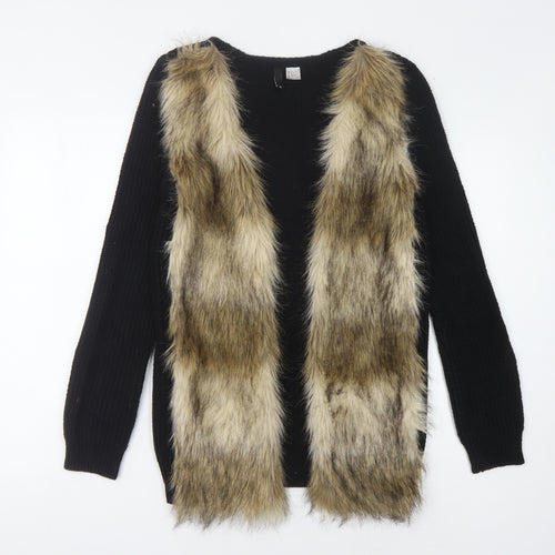 H&M Women's Black Fur Trim Open Front Cardigan Size 4