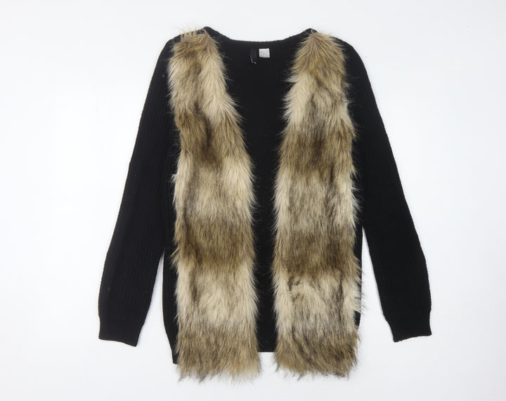 H&M Women's Black Fur Trim Open Front Cardigan Size 4