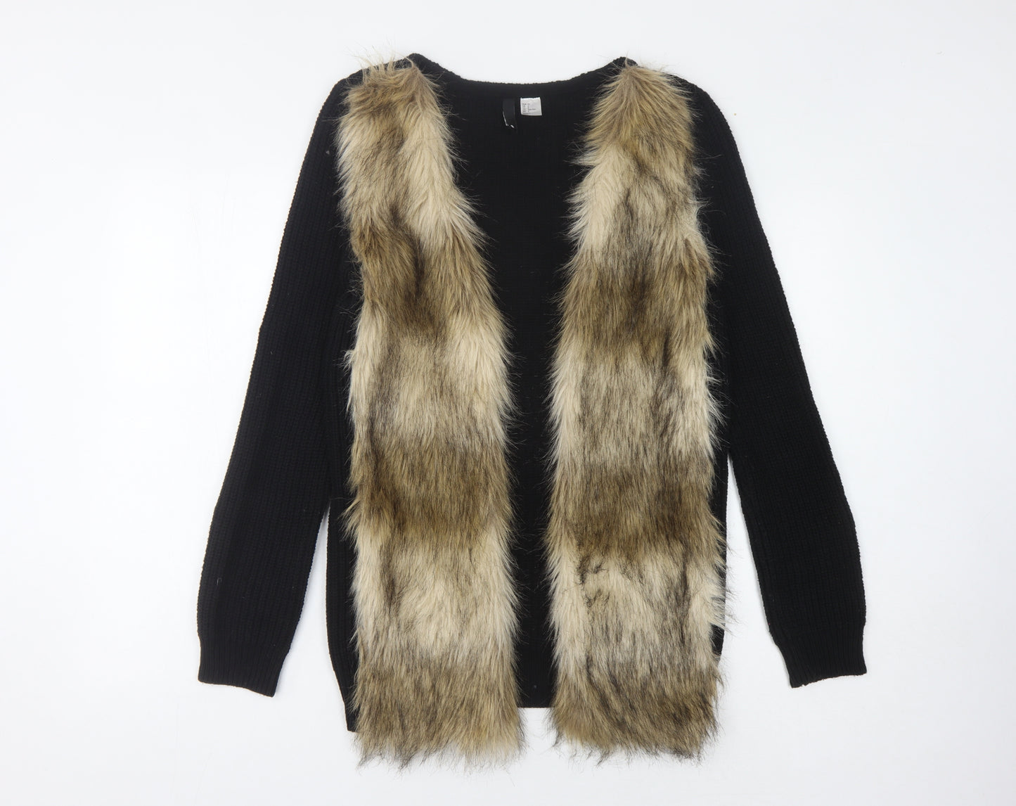 H&M Women's Black Fur Trim Open Front Cardigan Size 4
