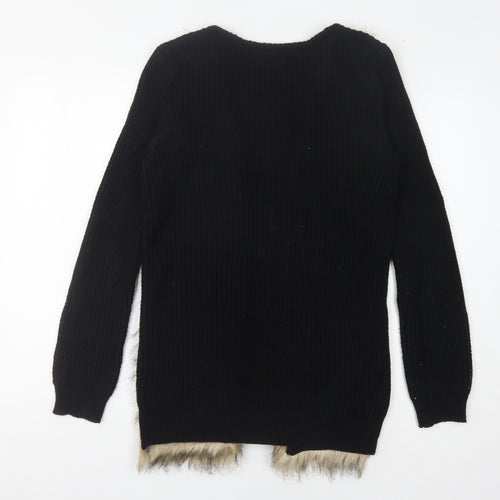 H&M Women's Black Fur Trim Open Front Cardigan Size 4