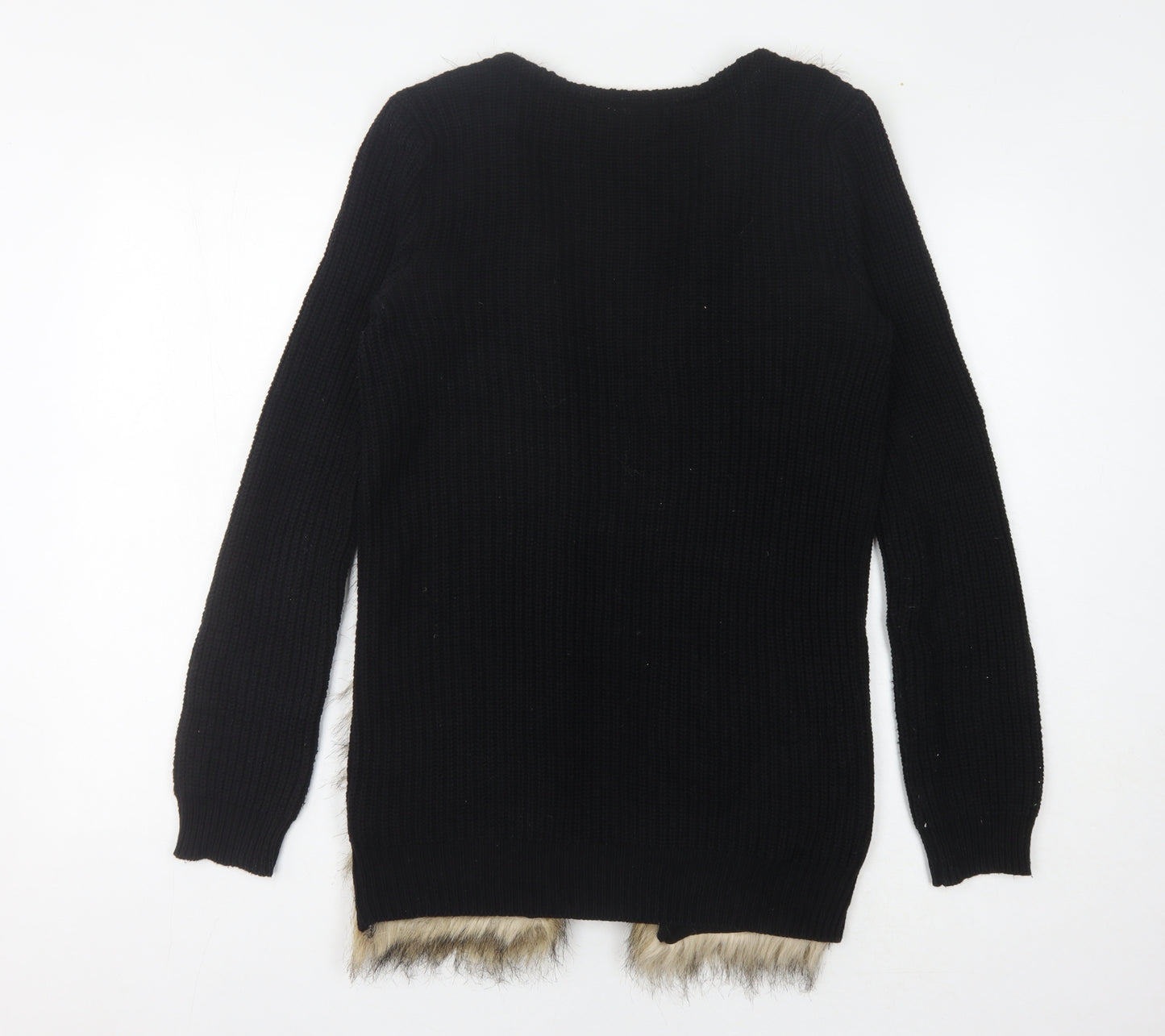 H&M Women's Black Fur Trim Open Front Cardigan Size 4