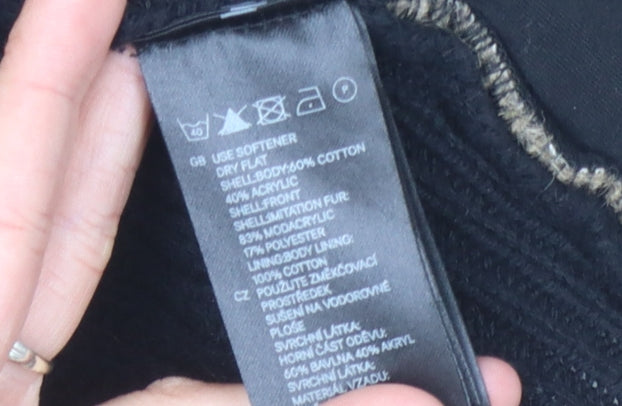 H&M Women's Black Fur Trim Open Front Cardigan Size 4