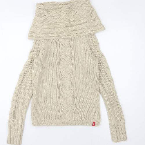 EDC Women's Beige Cowl Neck Cable-Knit Jumper S