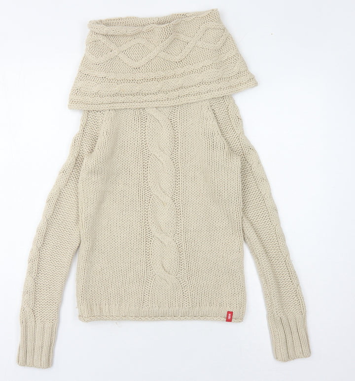 EDC Women's Beige Cowl Neck Cable-Knit Jumper S