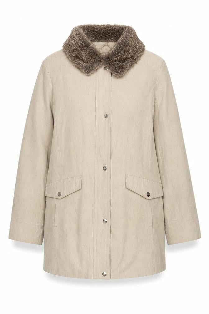 Front view of EWM Women's Beige Faux Fur Trim Coat, size 20