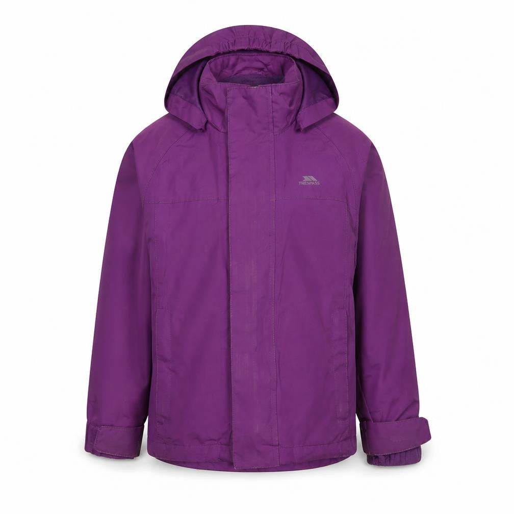 Front view of Trespass girls’ purple rain coat jacket, size 5-6, years