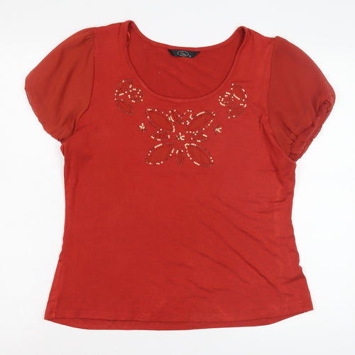 Bm Women's Red T-Shirt Size 18, Embroidered, Scoop Neck