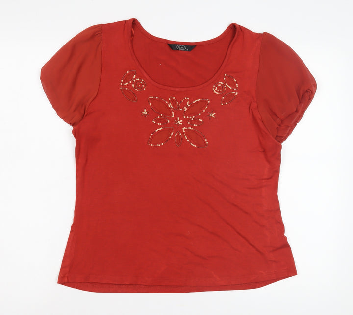 Bm Women's Red T-Shirt Size 18, Embroidered, Scoop Neck
