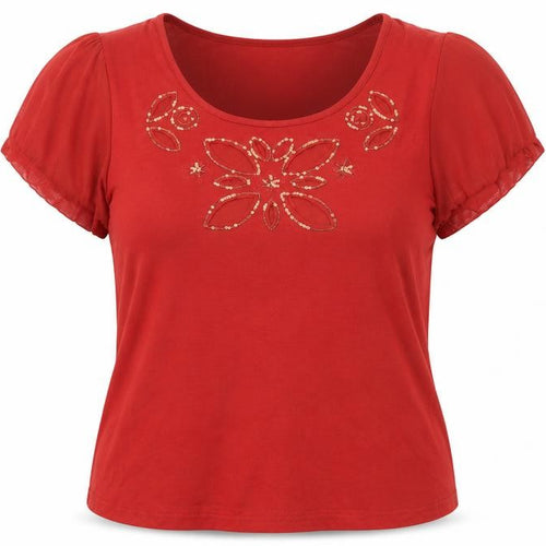 Bm Women's Red T-Shirt Size 18, Embroidered, Scoop Neck