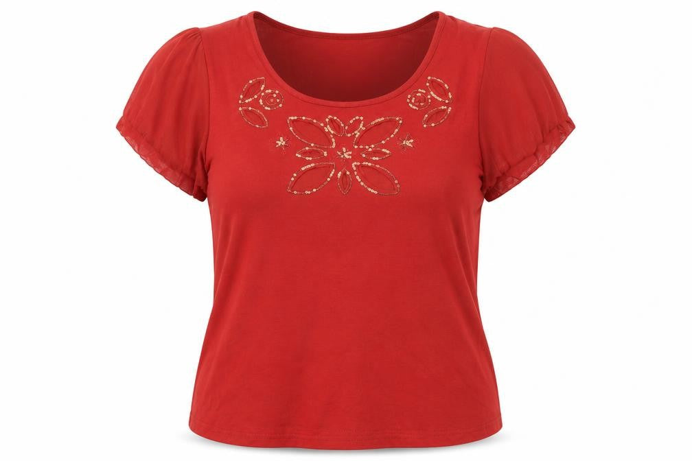 Bm Women's Red T-Shirt Size 18, Embroidered, Scoop Neck