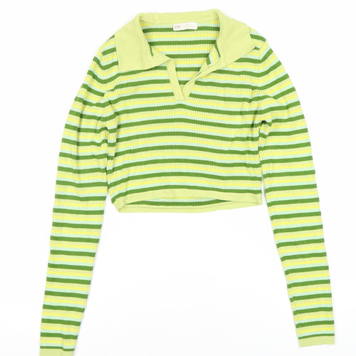 STR Women's Green Striped Cropped Blouse, Size 6