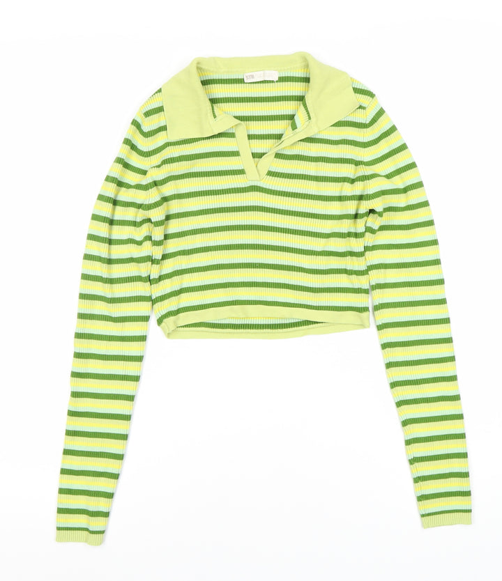 STR Women's Green Striped Cropped Blouse, Size 6