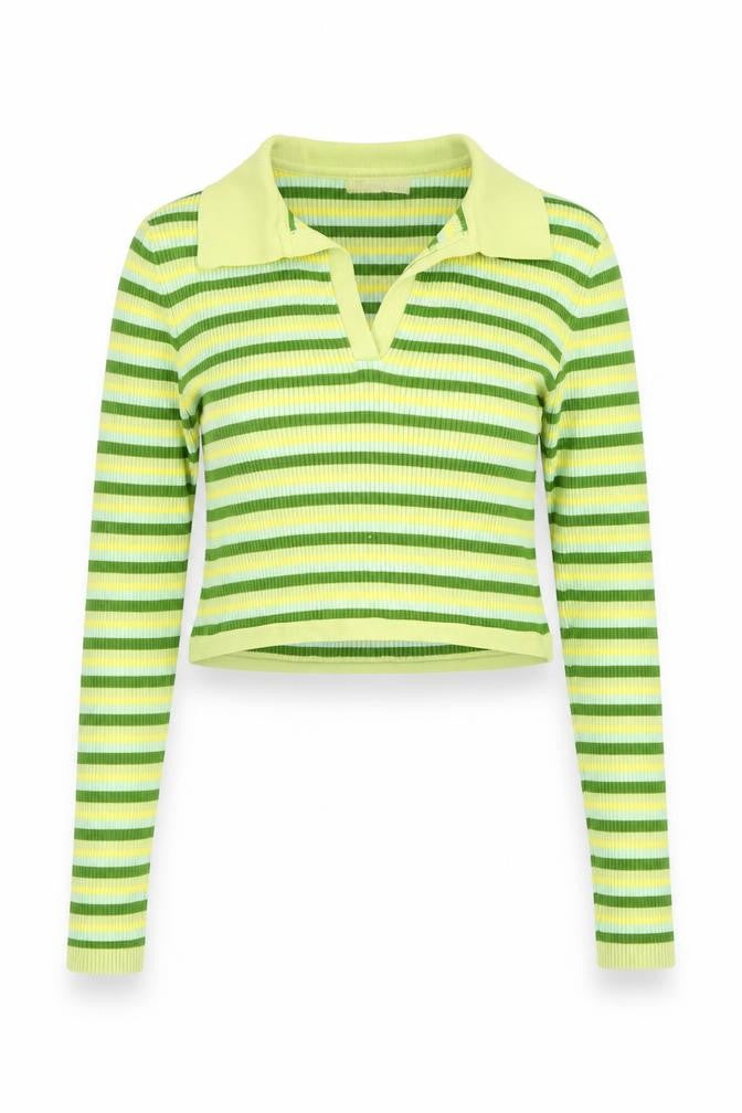 Front view of Stradivarius Women's Green Striped Cropped Blouse, size 6
