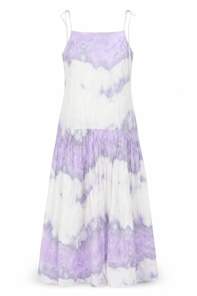 Front view of Warehouse Women's Purple Tie Dye Strappy Dress