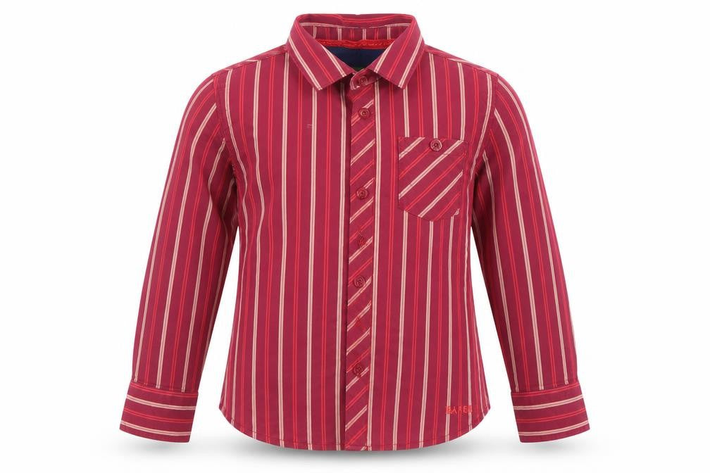Front view of Ted Baker boys’ red striped button-up shirt 4-5y long sleeve