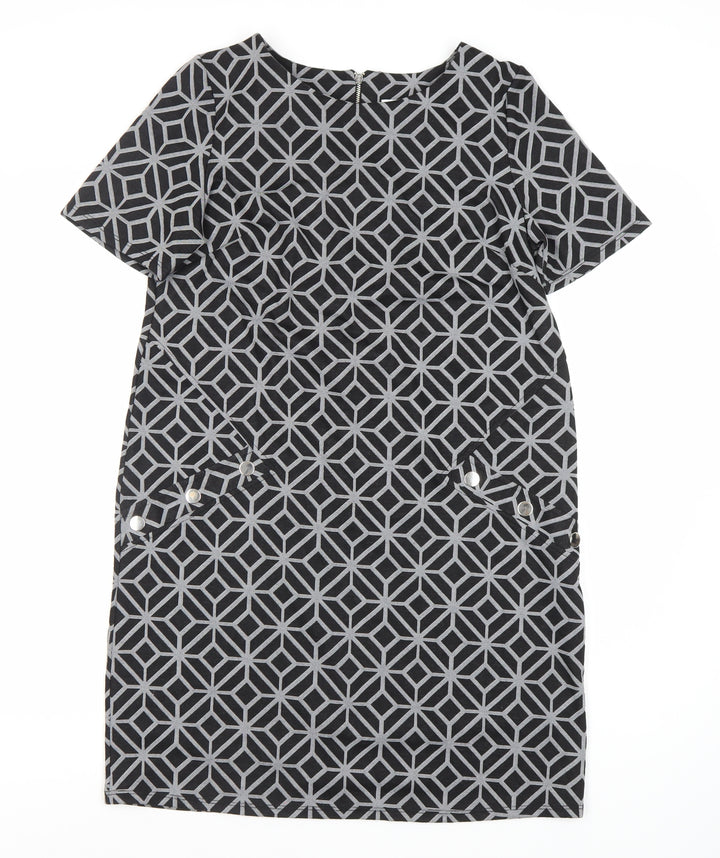 Wallis Black Geometric Sheath Dress - Size 12