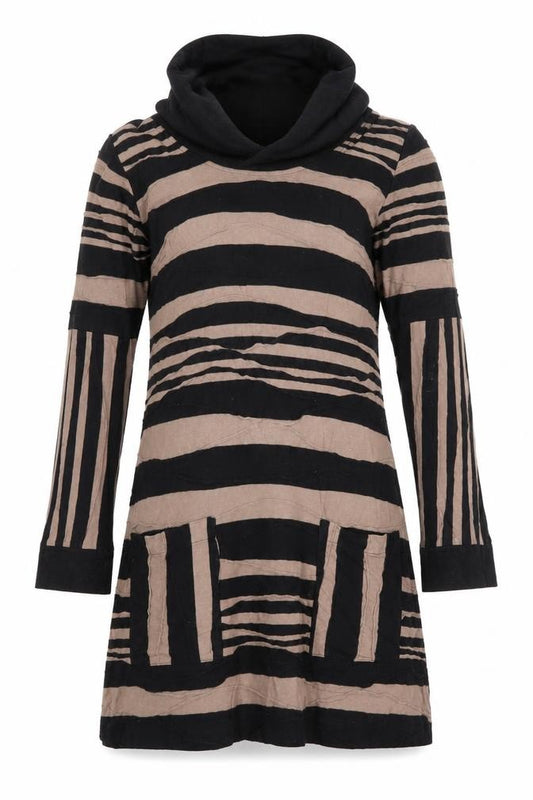 Front view of Adini Women's Black Striped Dress, size S, Long Sleeve