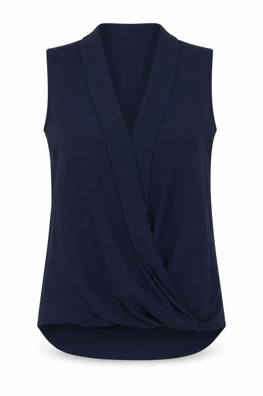 Front view of Paraphrase Women’s Blue Wrap Blouse, size UK 12, Sleeveless