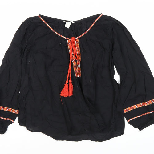 H&M Women's Black Embroidered Tunic Blouse - Size 10