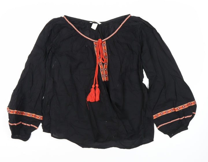 H&M Women's Black Embroidered Tunic Blouse - Size 10