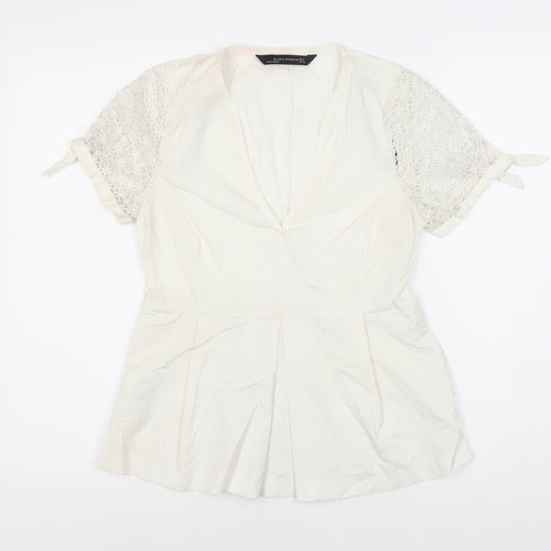 Zara Women White Crochet Accent Blouse Size 10