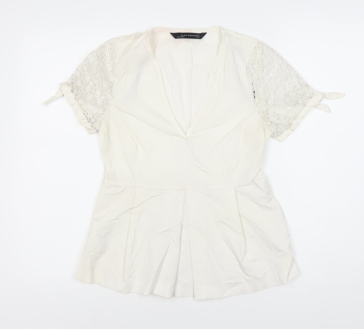 Zara Women White Crochet Accent Blouse Size 10