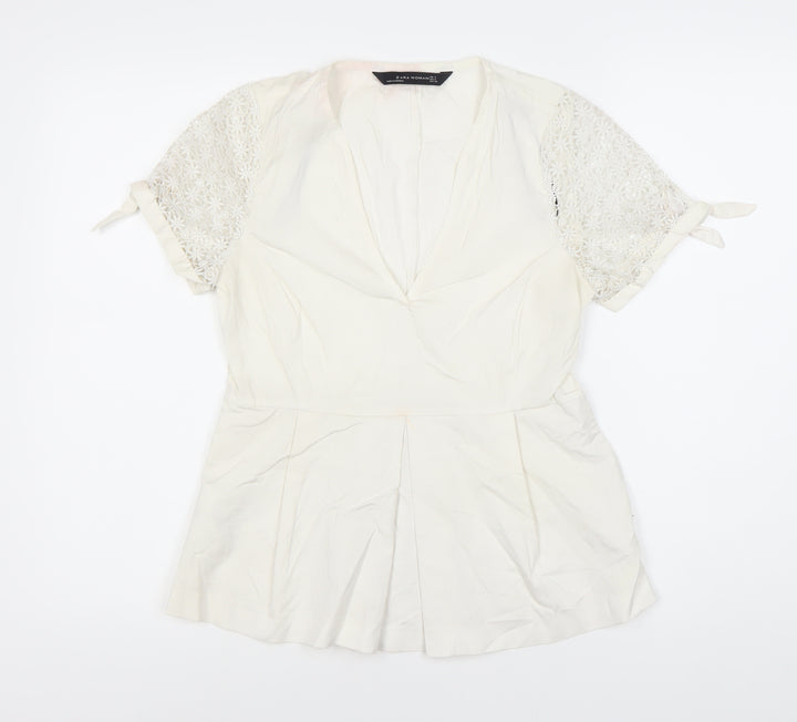Zara Women White Crochet Accent Blouse Size 10