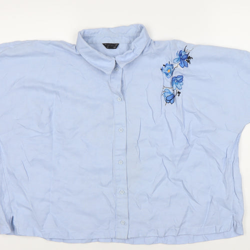 Topshop Women's Blue Embroidered Button-Up Shirt, Size 16