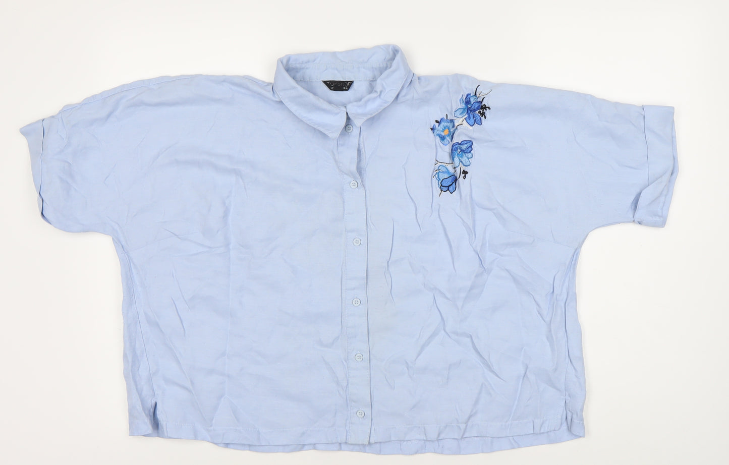 Topshop Women's Blue Embroidered Button-Up Shirt, Size 16
