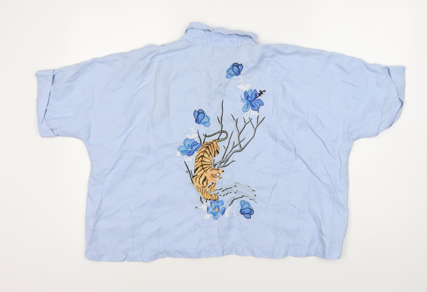 Topshop Women's Blue Embroidered Button-Up Shirt, Size 16