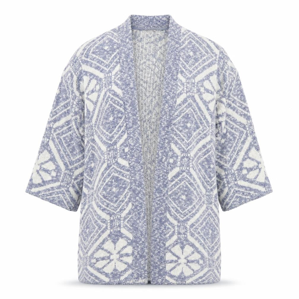 Front view of Marks & Spencer Women's Blue Open Front Cardigan, size 12, Geometric Knit