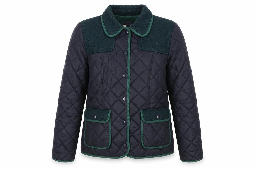 Front view of Next Women's Black Quilted Jacket, size 12, Snap Closure