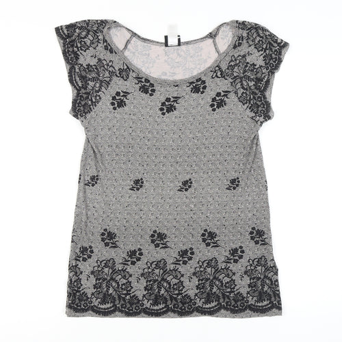 H&M Women's Black Floral T-Shirt, Size M, Round Neck