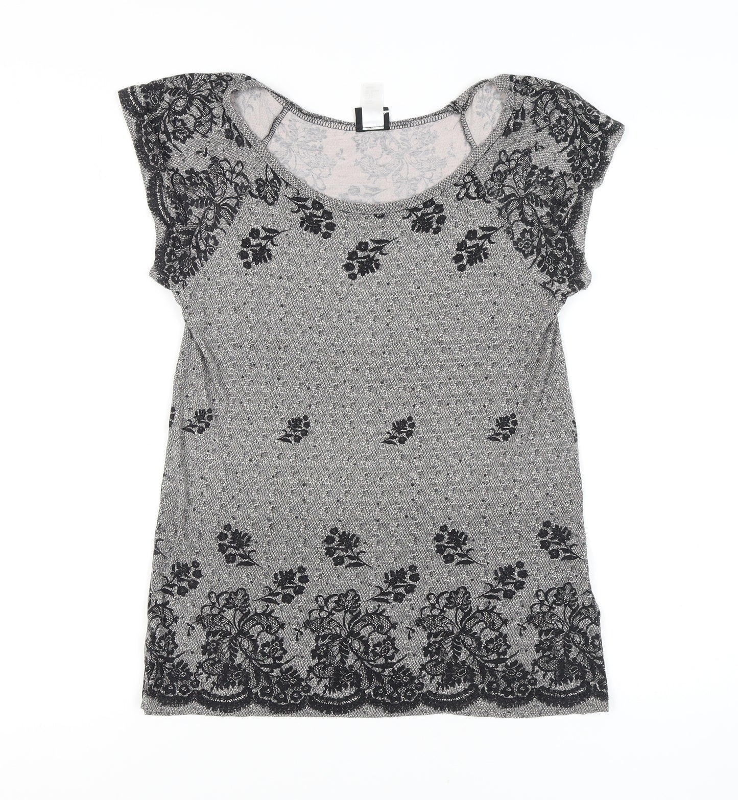 H&M Women's Black Floral T-Shirt, Size M, Round Neck