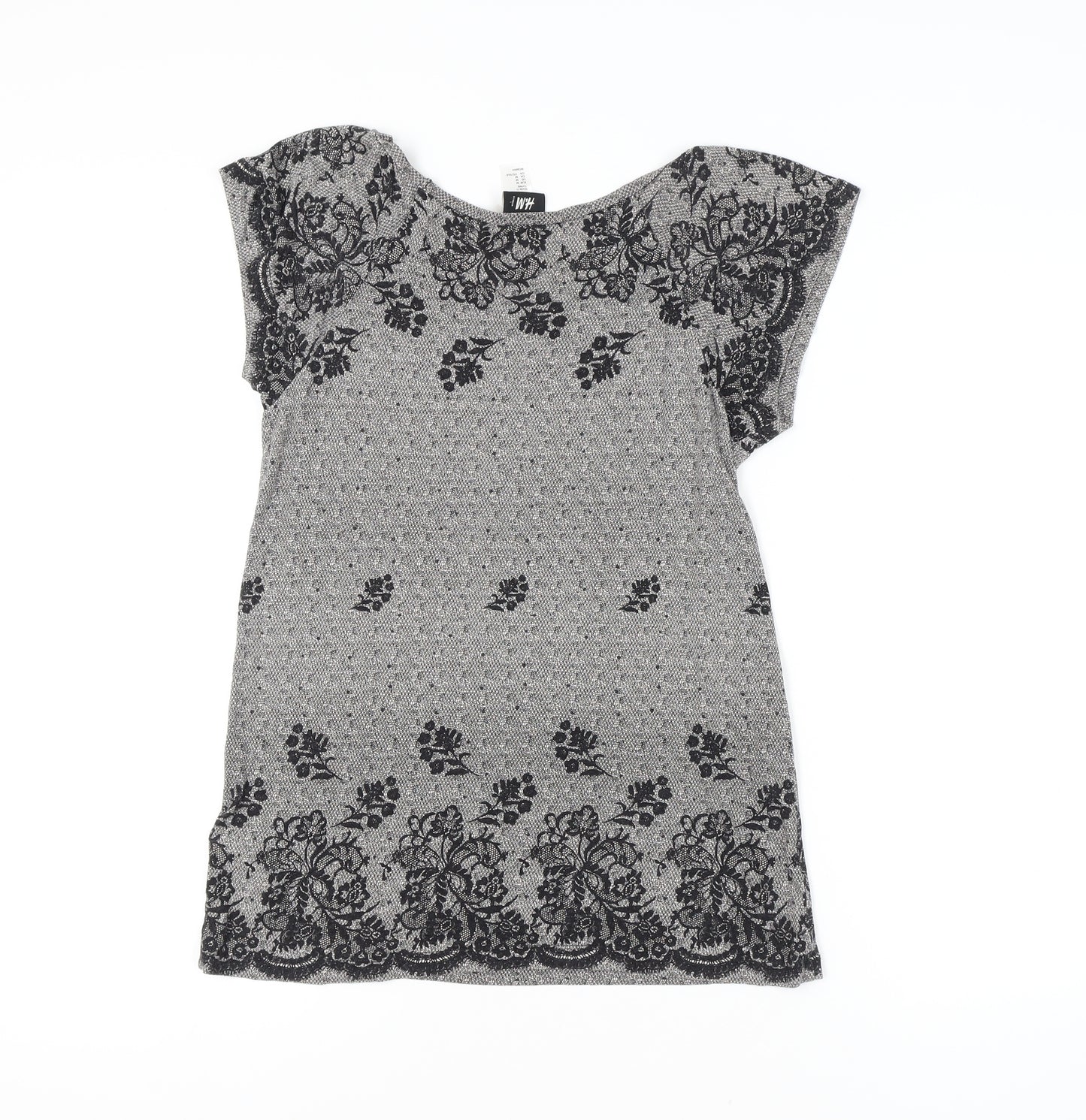 H&M Women's Black Floral T-Shirt, Size M, Round Neck