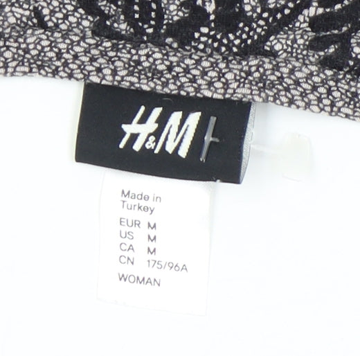 H&M Women's Black Floral T-Shirt, Size M, Round Neck