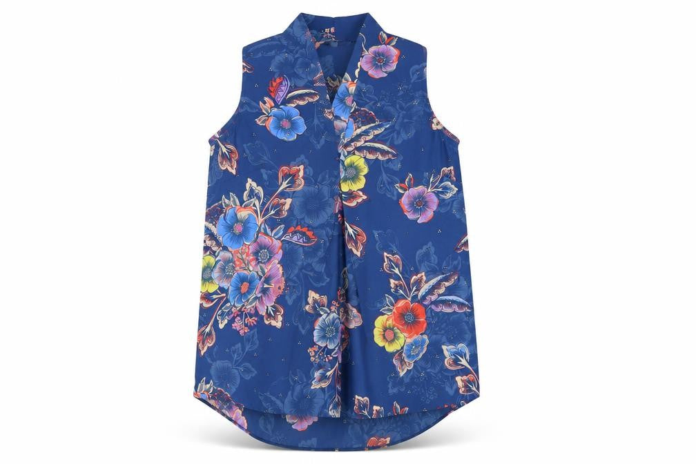 Front view of Next Women's Blue Floral Blouse, size 6, Sleeveless, V-Neck