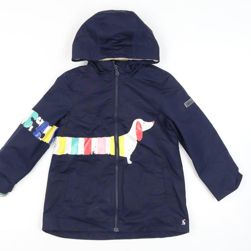 Joules Girls Blue Hooded Parka Jacket, 7 Years, Animal Print