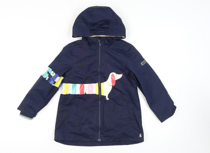 Joules Girls Blue Hooded Parka Jacket, 7 Years, Animal Print