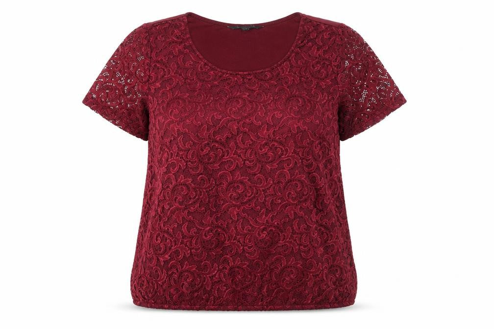 Front view of Bonmarché Women's Red Lace Blouse, size 16, - Classic Style