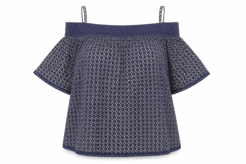 Front view of Next Women's Blue Off the Shoulder Blouse, size 8