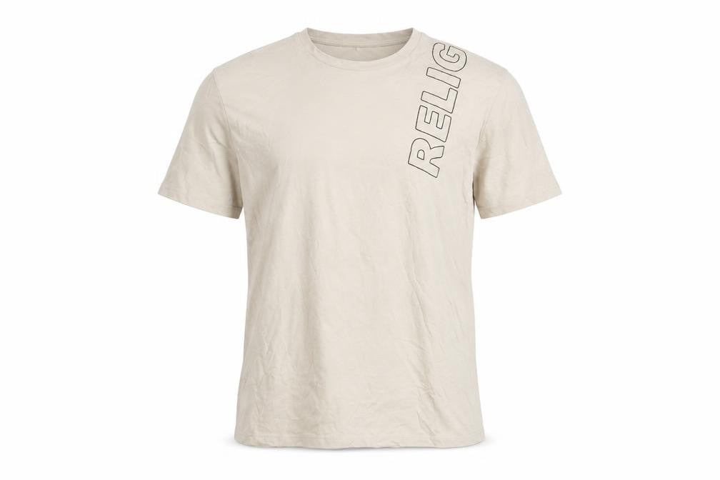 Front view of Religion Men’s Beige Crew Neck T-Shirt, size L