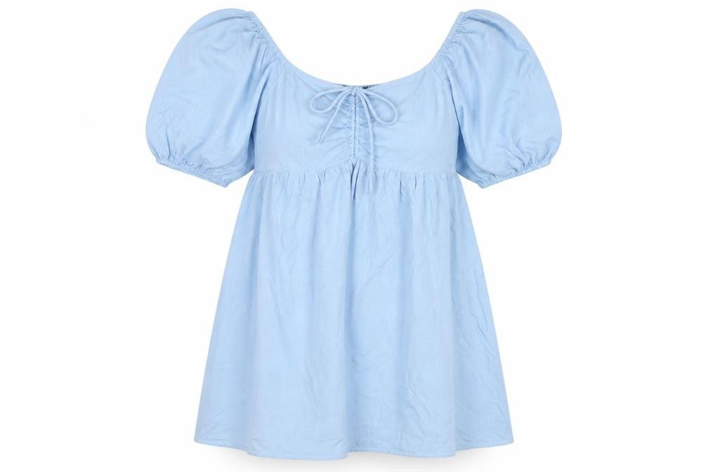 Front view of Sim & Sam Women's Blue A-Line Dress, size S, Balloon Sleeve