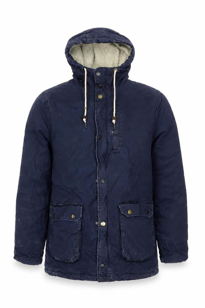 Front view of Men's Blue Parka Jacket with Hood, size S